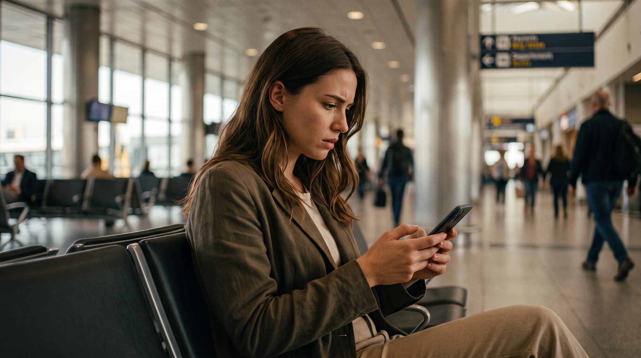 A woman checking her phone at an airport