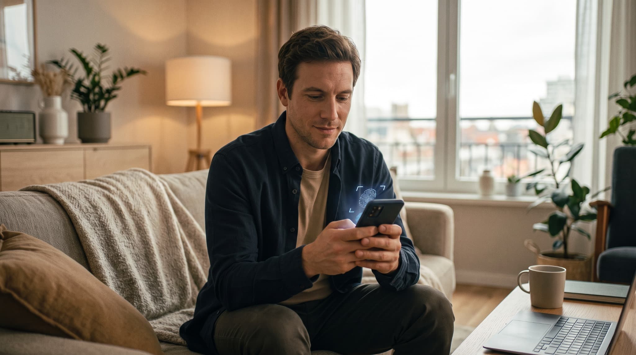 A man using his phone securely at home